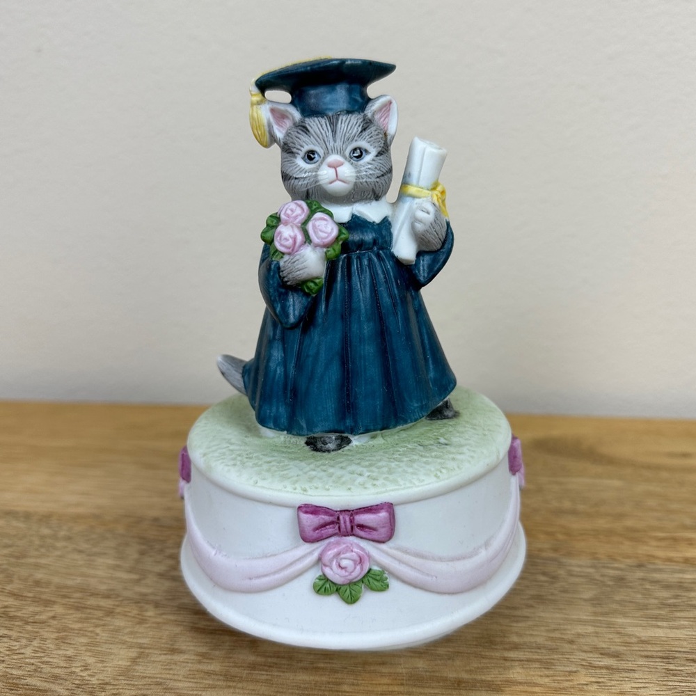 Vintage Blue and Pink Cat Graduate Figurine